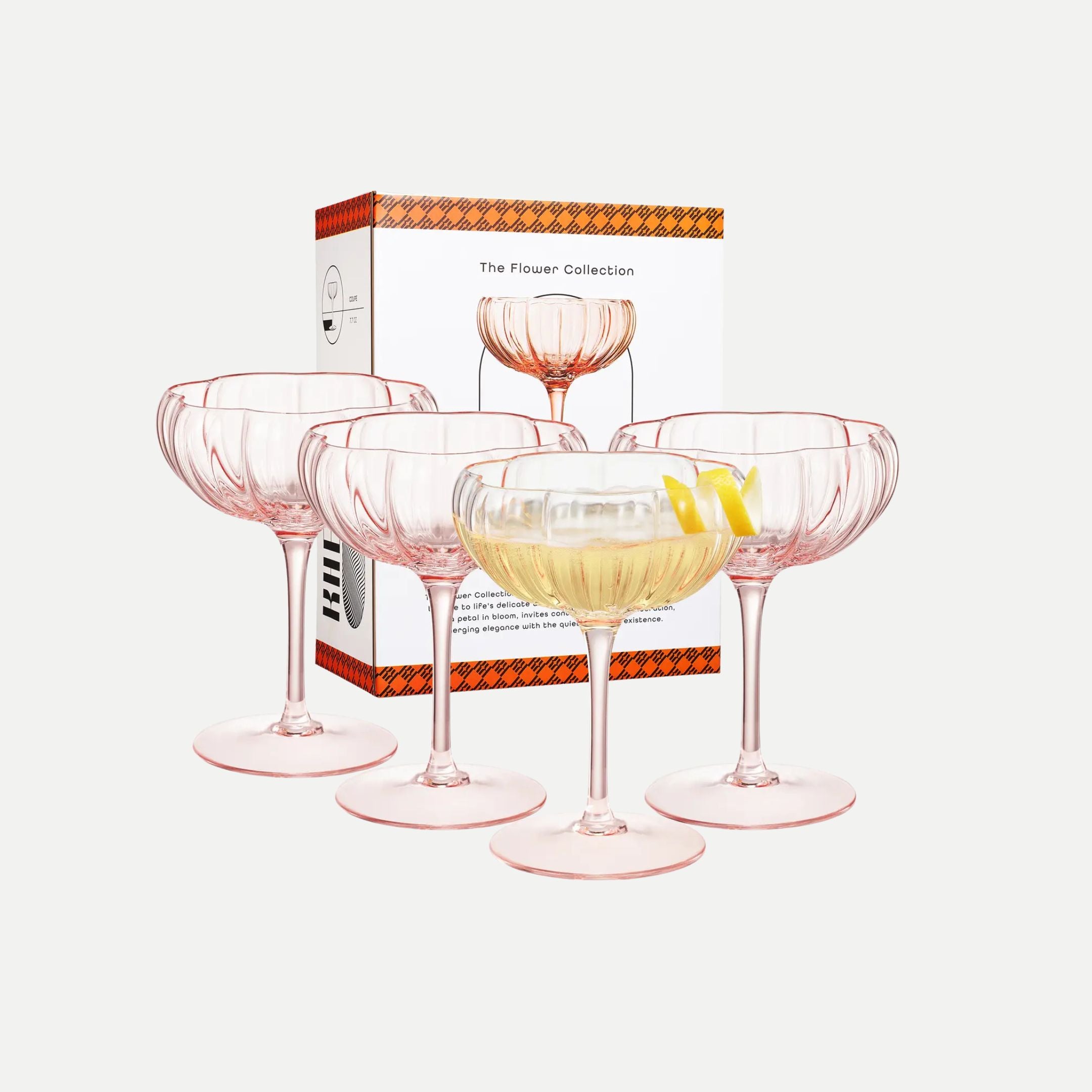 Pink Flower Coupe Cocktail Colored Glasses - 4 Set