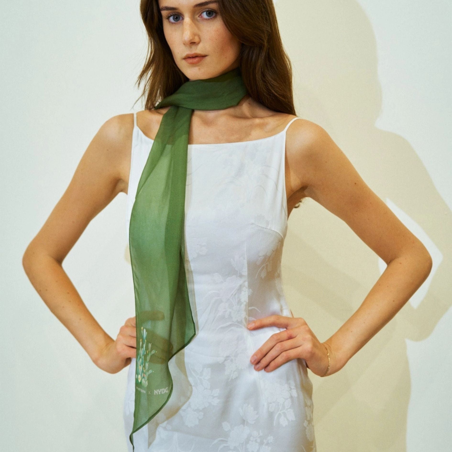 "Oasis Charms" Silk Chiffon Neck Scarf - Green