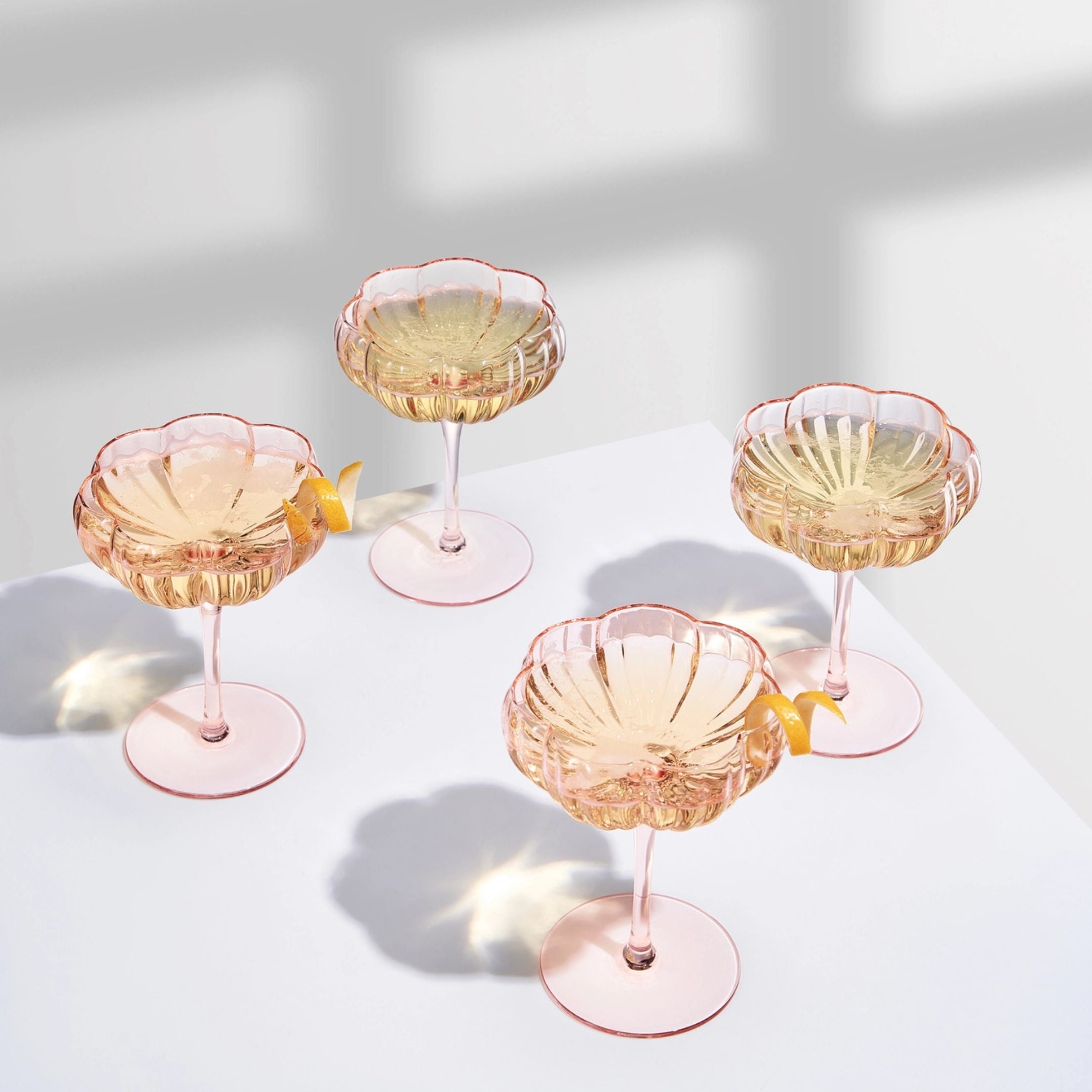 Pink Flower Coupe Cocktail Colored Glasses - 4 Set