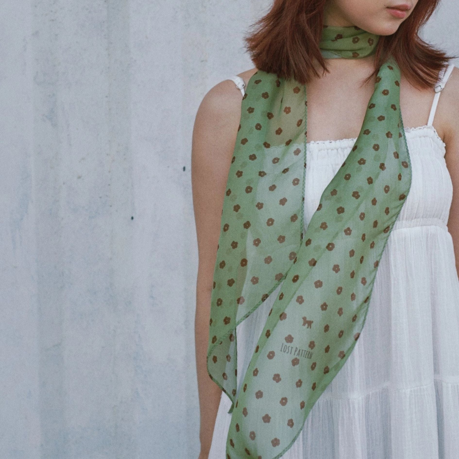 "Petal Veil" Silk Chiffon Neck Scarf - Matcha Green