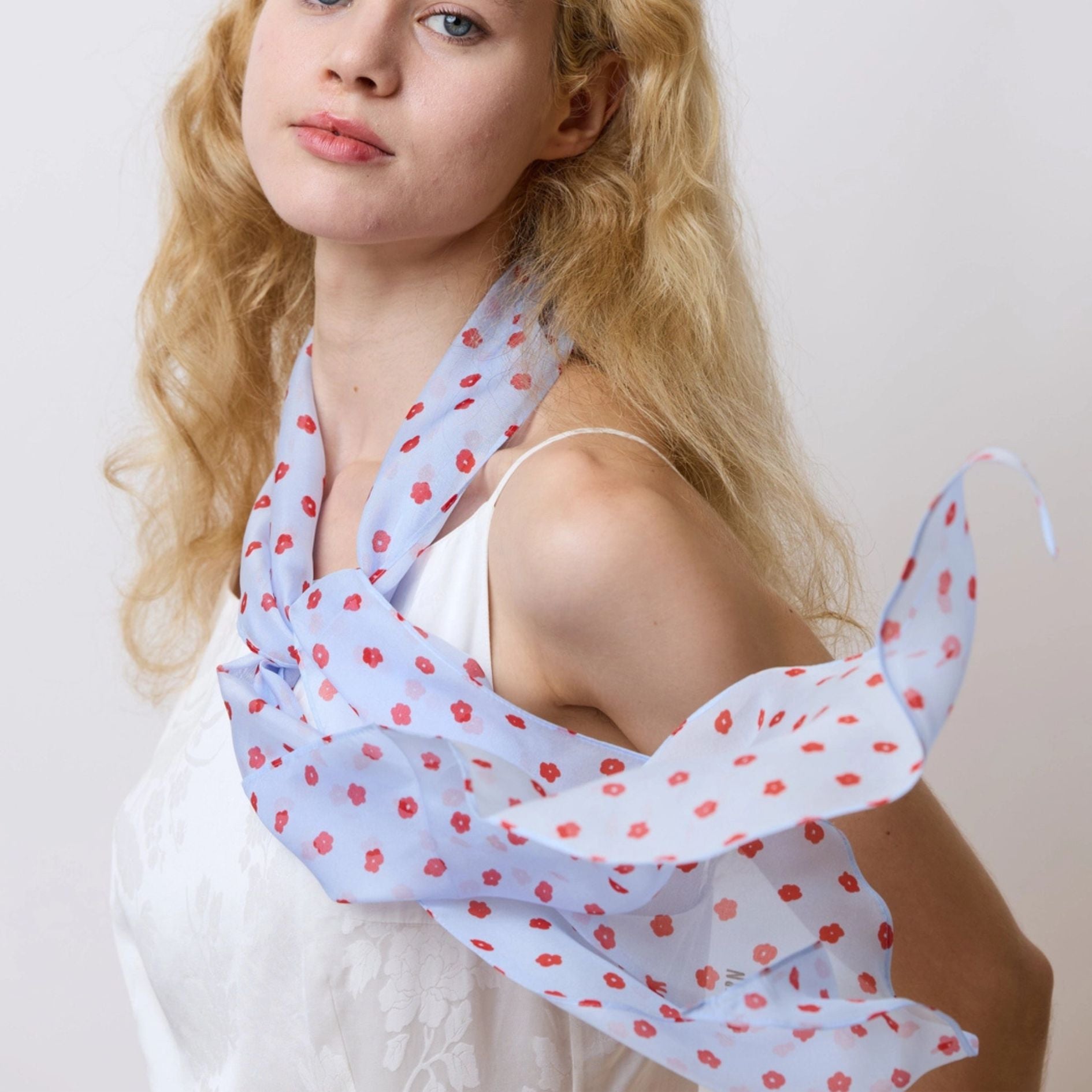 "Petal Veil" Silk Chiffon Neck Scarf - Blue
