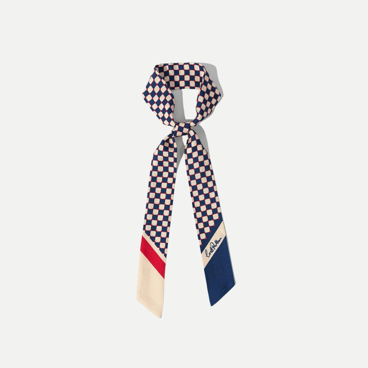 Checkerboard Silk Twill Skinny Scarf - Blue