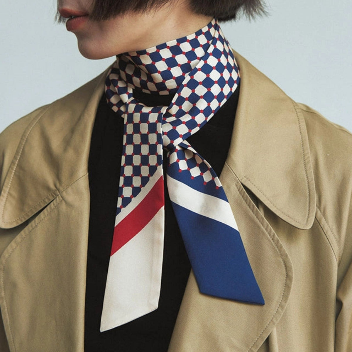 Checkerboard Silk Twill Skinny Scarf - Blue