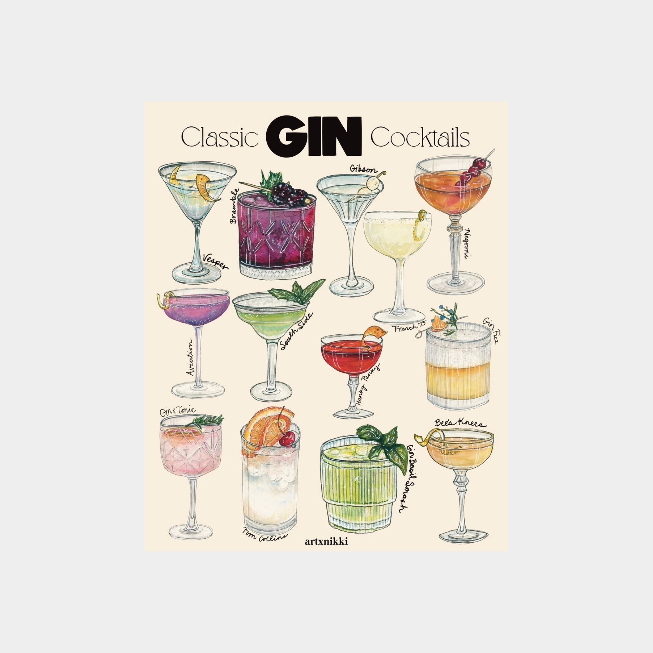 Classic Gin Cocktails Chart Art Print