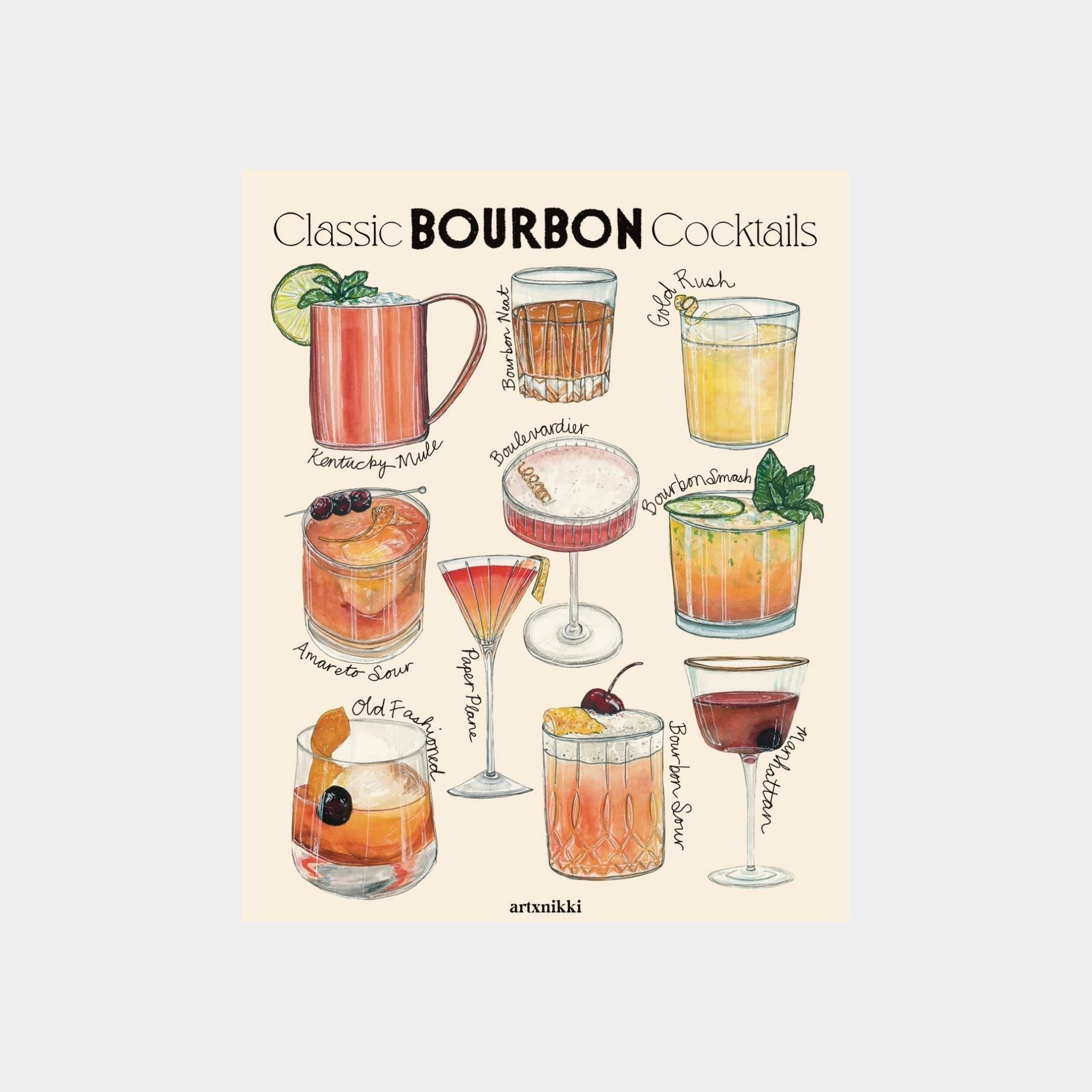 Classic Bourbon Cocktails Chart Art Print
