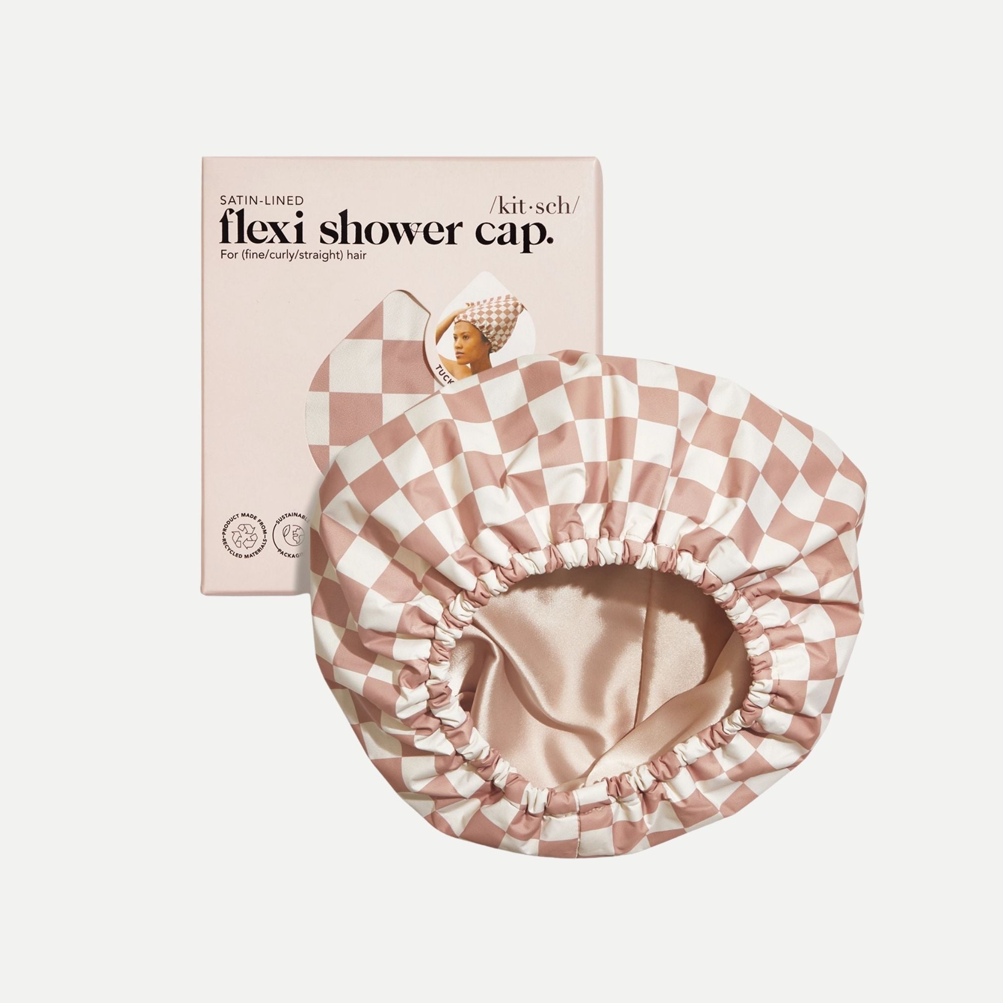 Satin Lined Flexi Shower Cap - Terracotta Checker
