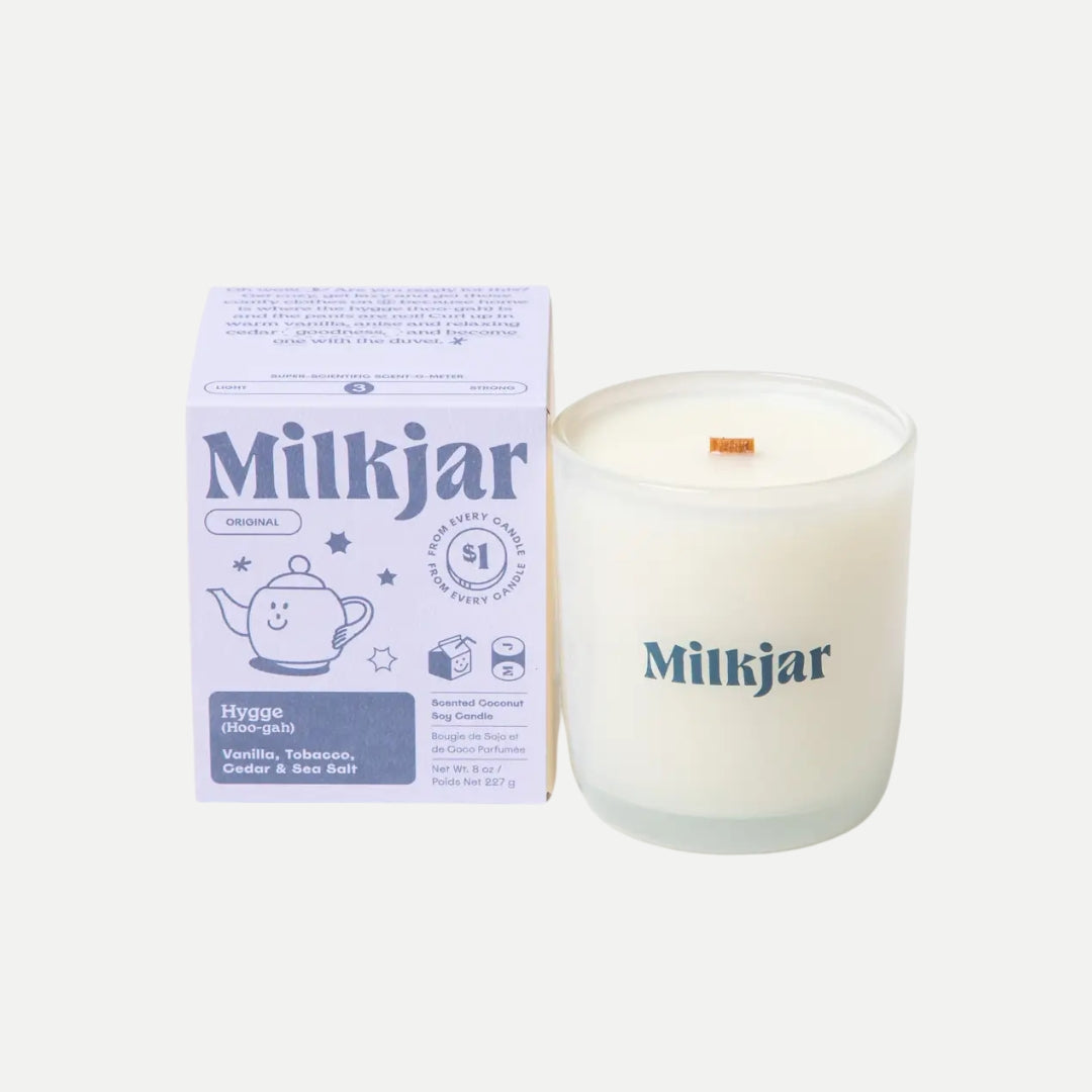 Milkjar candle and packaging on a white background