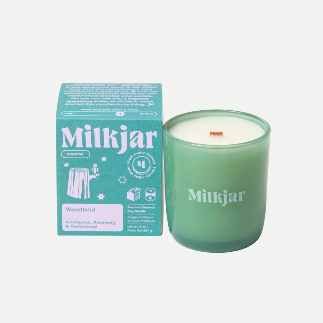 Milkjar candle and packaging on a white background